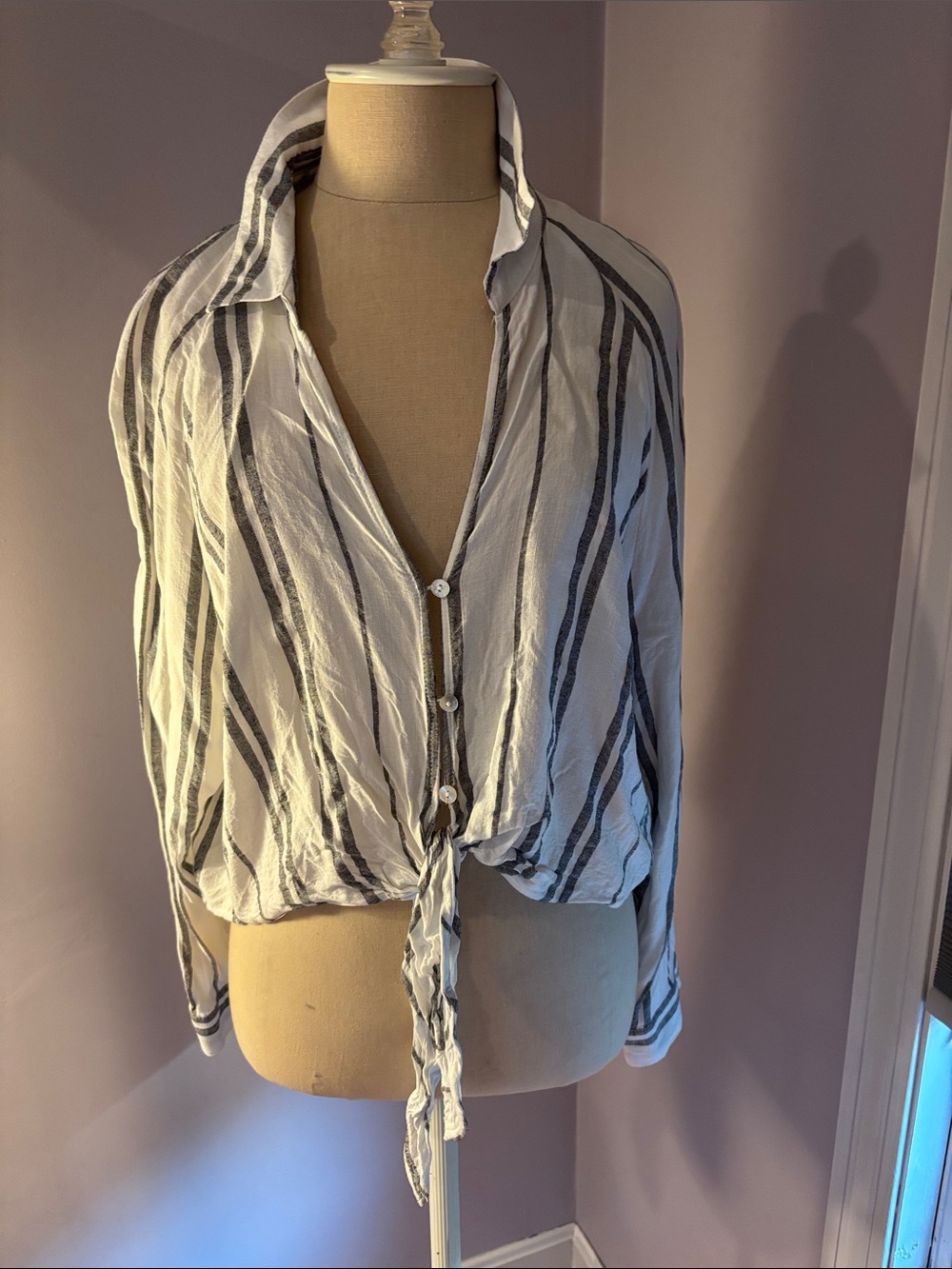 Bershka White Button-Front Tie Top with Black Stripes